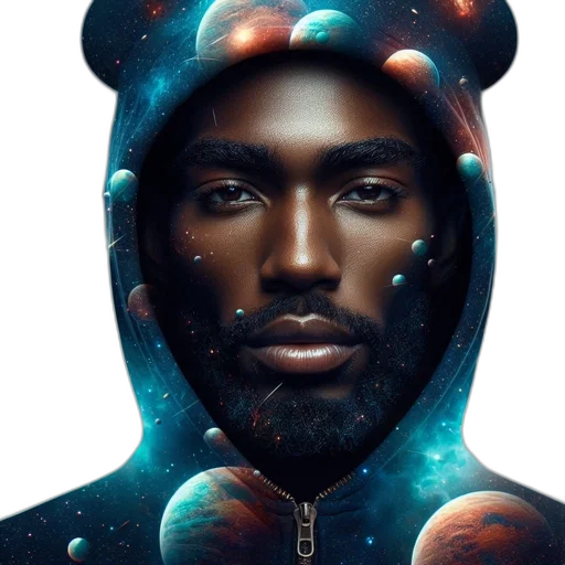 face, jacket, crown, mask, concept art, photorealistic, fantasy art, outer space transparent PNG cut-out