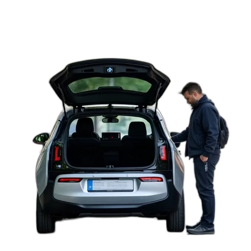 car, silver, bmw, electric, parked, city, street, trunk transparent PNG cut-out