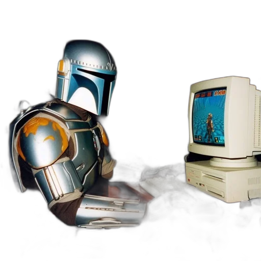 robot, vaporwave, concept art, 3d render, mandalorian-armored, character, sits, wooden transparent PNG cut-out