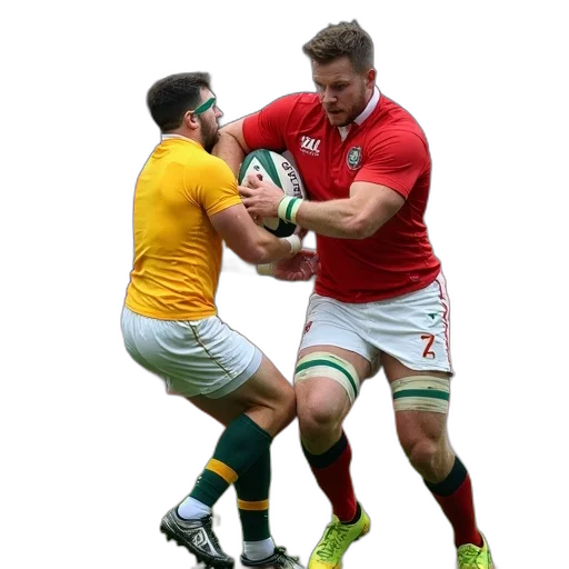 rugby, match, progress, players, red, yellow, jerseys, one transparent PNG cut-out