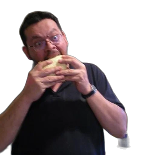 food, creature, animal, face, man, black, shirt, eating transparent PNG cut-out