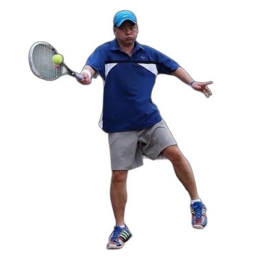 staff, hat, man, blue, shirt, shorts, playing, tennis transparent PNG cut-out