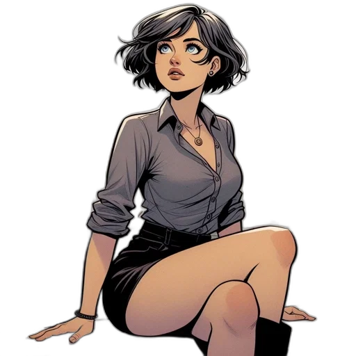comic book art, concept art, cartoon, earth tones, young, woman, gray, shirt transparent PNG cut-out