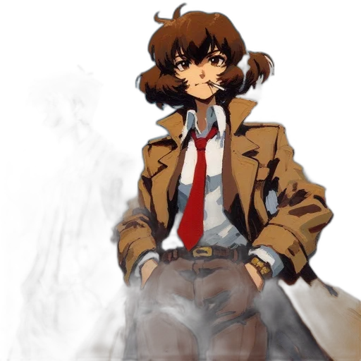 jacket, staff, concept art, anime, pixel art, watercolor, fog, earth tones transparent PNG cut-out