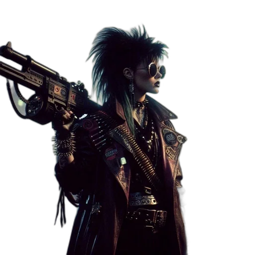 weapon, jacket, staff, cyberpunk, concept art, comic book art, photorealistic, dystopian transparent PNG cut-out