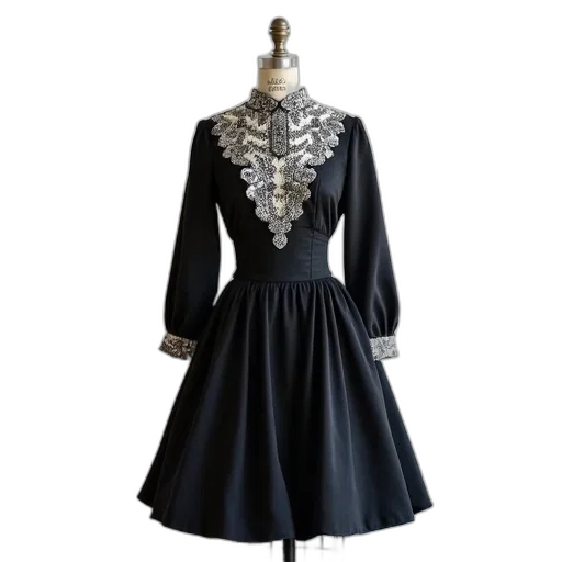 dress, dark, monochrome, black, white, vintage, high, collar transparent PNG cut-out