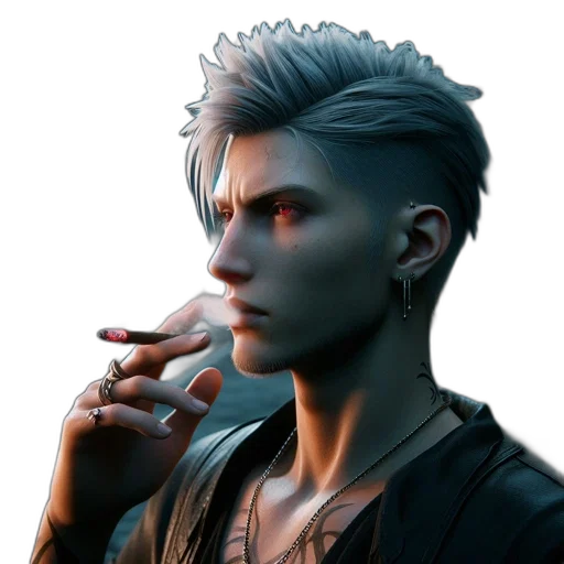 face, jacket, staff, concept art, cyberpunk, photorealistic, fantasy art, dark transparent PNG cut-out