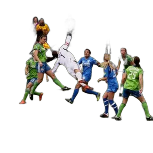 female, soccer, player, white, attempting, head, ball, while transparent PNG cut-out