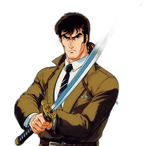 jacket, staff, sword, weapon, concept art, comic book art, anime, pixel art transparent PNG cut-out