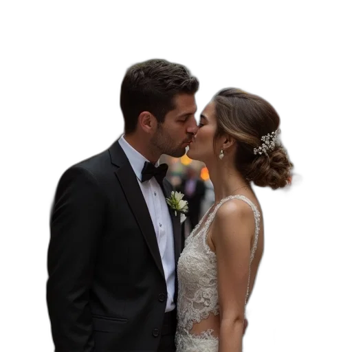 dress, crown, photorealistic, bride, groom, kissing, during, their transparent PNG cut-out