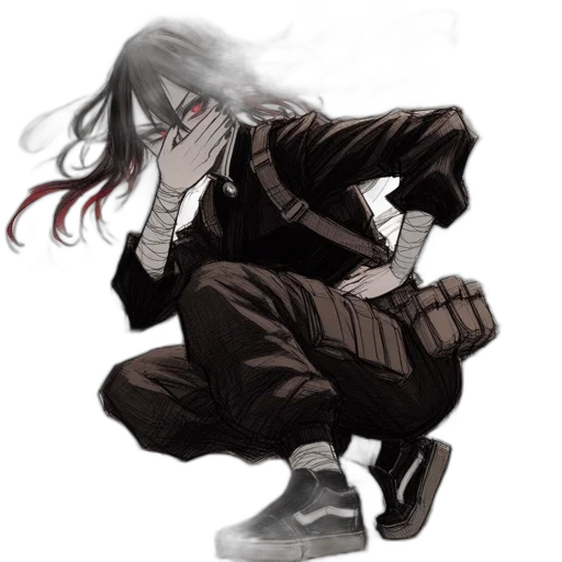 weapon, jacket, creature, concept art, pixel art, anime, comic book art, monochrome transparent PNG cut-out