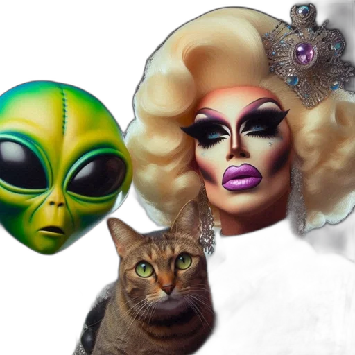 mask, concept art, outer space, green, alien, stands, next, cat transparent PNG cut-out