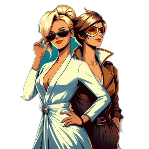 concept art, comic book art, pixel art, cartoon, blue, golden, two, female transparent PNG cut-out