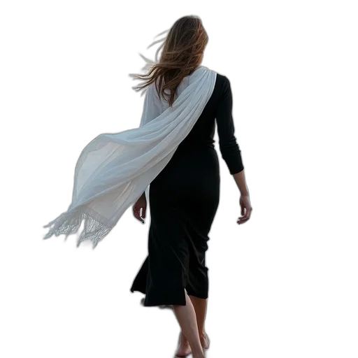 dress, staff, woman, black, white, scarf, walking, rocky transparent PNG cut-out