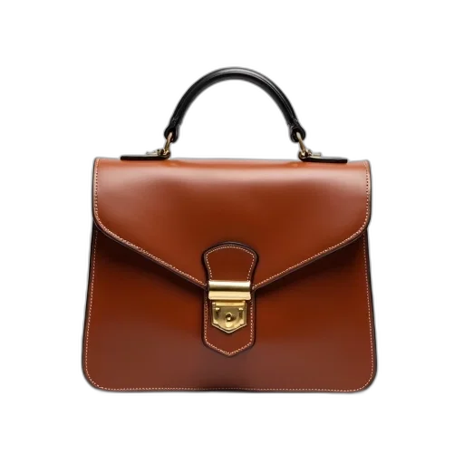 brown, leather, bag, gold, buckle, black, handle, displayed transparent PNG cut-out