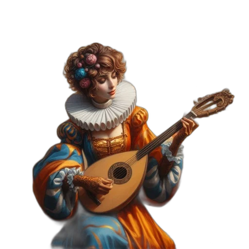 staff, face, concept art, fantasy art, photorealistic, oil painting, lute-playing, woman transparent PNG cut-out