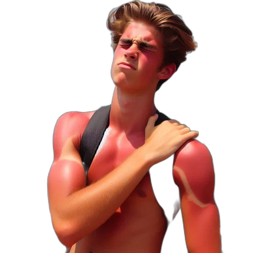 jacket, 3d render, photorealistic, shirtless, young, man, red, sunburn transparent PNG cut-out