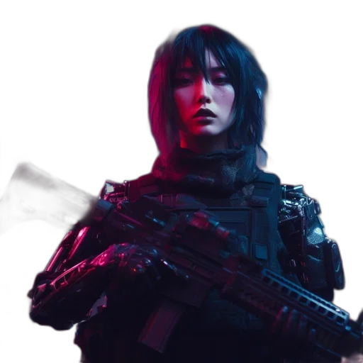 weapon, jacket, robot, face, cyberpunk, concept art, anime, comic book art transparent PNG cut-out