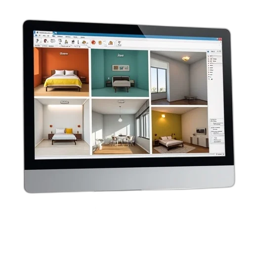3d render, computer, screen, displaying, room, design, program, various transparent PNG cut-out