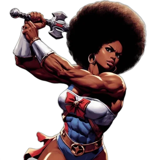 weapon, comic book art, concept art, athletic, woman, afro, hairdo, brandishes transparent PNG cut-out