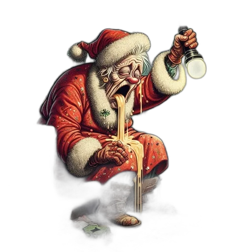 staff, concept art, weathered, santa, figure, sits, stairs, holding transparent PNG cut-out