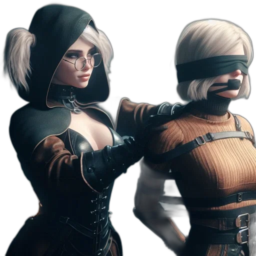 mask, concept art, comic book art, fantasy art, 3d render, two, women, one transparent PNG cut-out