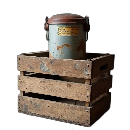 furniture, earth tones, weathered, wooden, crate, rusted, metal, container transparent PNG cut-out