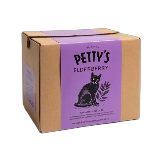 cardboard, box, purple, label, featuring, brand, name, petty transparent PNG cut-out