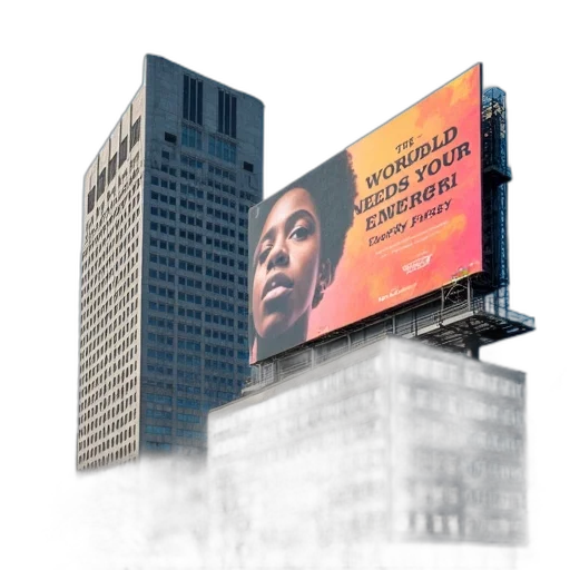 building, large, colorful, billboard, graphic, person, face, text transparent PNG cut-out