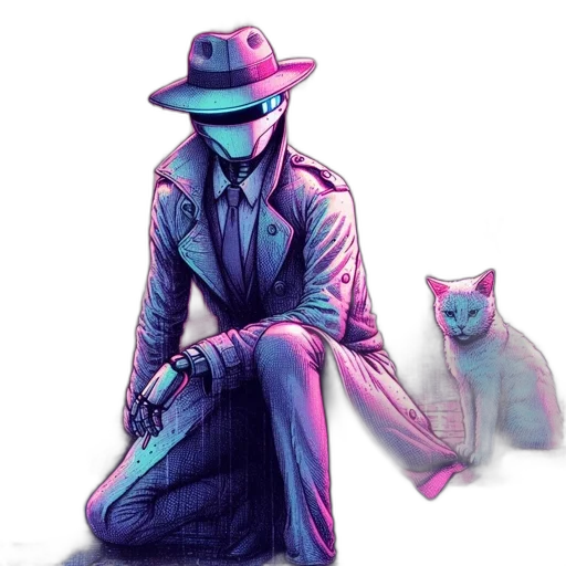 hat, jacket, robot, mask, concept art, cyberpunk, vaporwave, watercolor transparent PNG cut-out