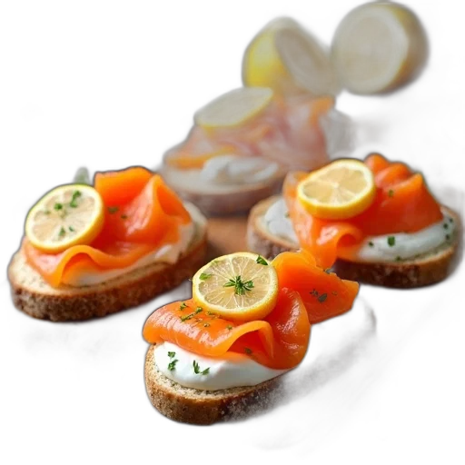 food, photorealistic, 3d render, concept art, plate, open-faced, sandwiches, smoked transparent PNG cut-out