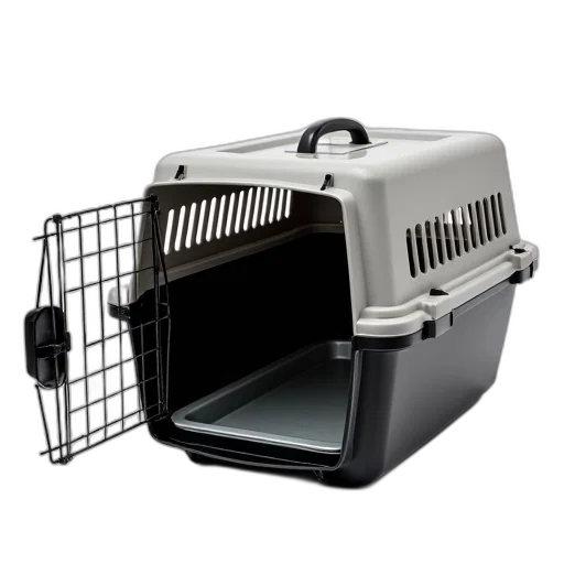 black, grey, pet, carrier, metal, grid, door, placed transparent PNG cut-out