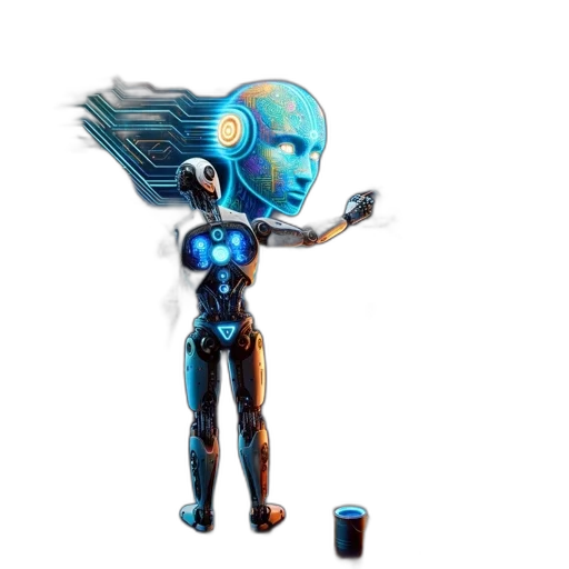 robot, staff, concept art, cyberpunk, 3d render, pixel art, blue, anthropomorphic transparent PNG cut-out
