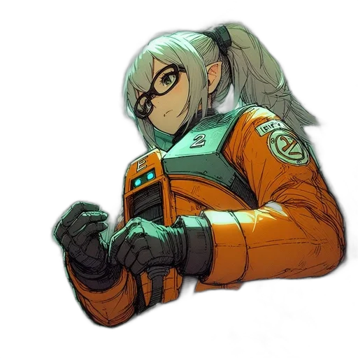 jacket, staff, robot, mask, concept art, cyberpunk, comic book art, anime transparent PNG cut-out
