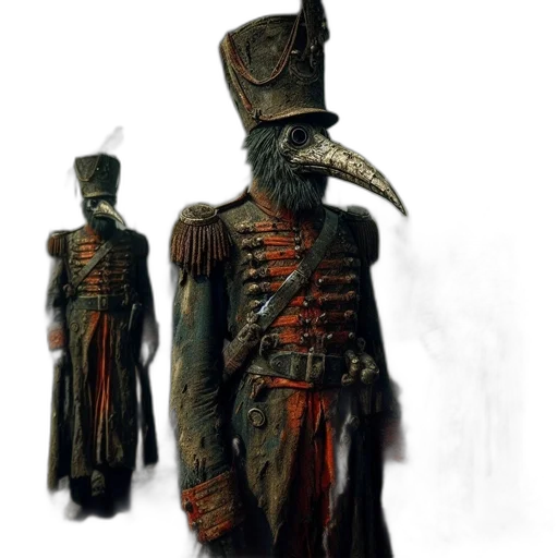 mask, staff, hat, jacket, concept art, fantasy art, 3d render, photorealistic transparent PNG cut-out