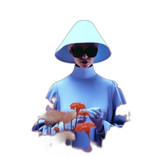 robot, flower, creature, hat, 3d render, vaporwave, concept art, pixel art transparent PNG cut-out