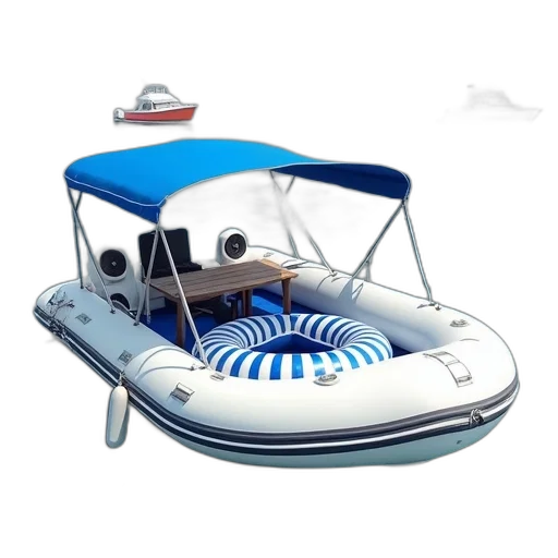 3d render, white, inflatable, boat, blue, canopy, floating, water transparent PNG cut-out