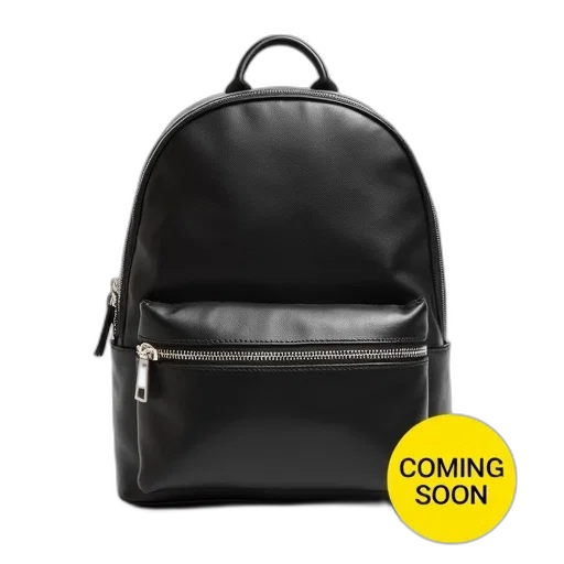 black, leather, backpack, silver, zipper, handle, top, displayed transparent PNG cut-out