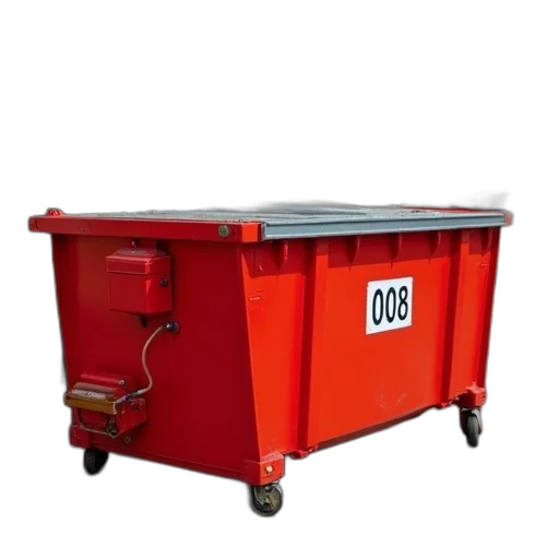 furniture, robot, 3d render, photorealistic, red, dumpster, metal, lid transparent PNG cut-out