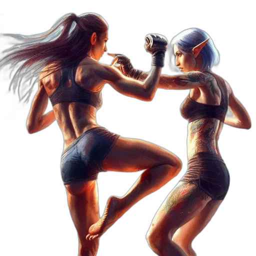 photorealistic, concept art, comic book art, oil painting, two, female, fighters, engage transparent PNG cut-out