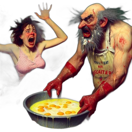food, concept art, fantasy art, comic book art, photorealistic, fire, fog, disturbing transparent PNG cut-out