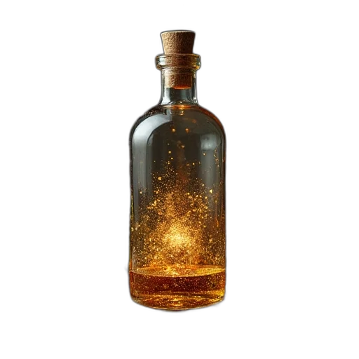 bottle, crown, hair, dress, 3d render, fire, outer space, golden transparent PNG cut-out