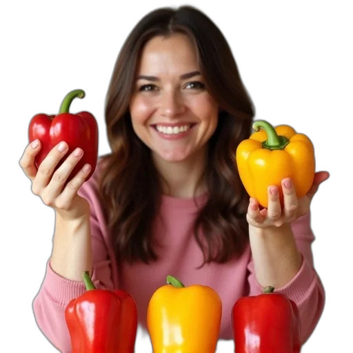 food, face, photorealistic, colorful, woman, brown, hair, holding transparent PNG cut-out