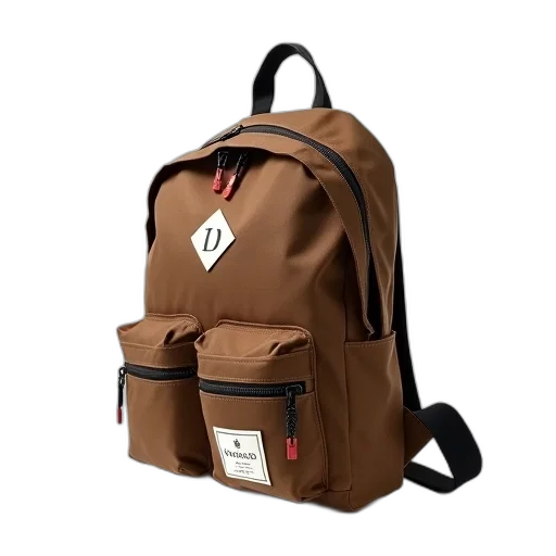 brown, canvas, backpack, black, strap, red, zipper, displayed transparent PNG cut-out