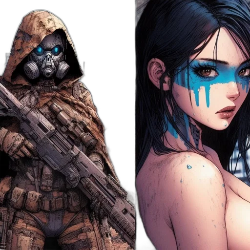 comic book art, concept art, cyberpunk, fantasy art, blue, dark, two, distinct transparent PNG cut-out