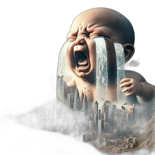 face, concept art, photorealistic, 3d render, enormous, weeping, baby, hovers transparent PNG cut-out