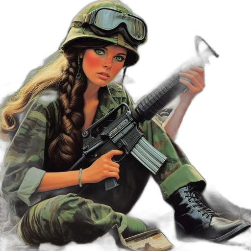 weapon, comic book art, cartoon, concept art, pixel art, woman, military, camouflage transparent PNG cut-out