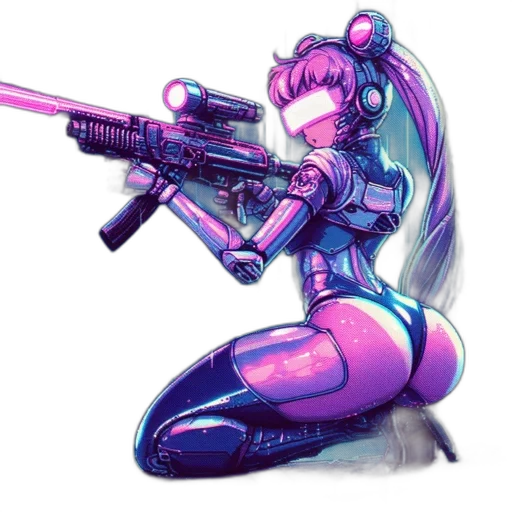 weapon, robot, cyberpunk, concept art, pixel art, vaporwave, pastel, blue transparent PNG cut-out