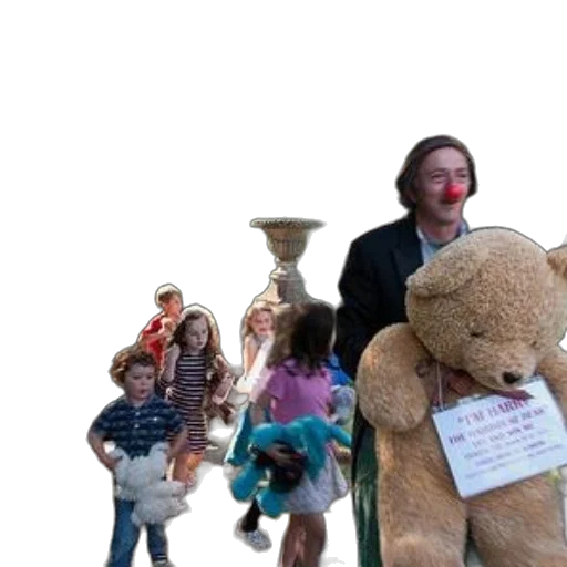 city street, man, red, nose, stands, children, holding, stuffed transparent PNG cut-out