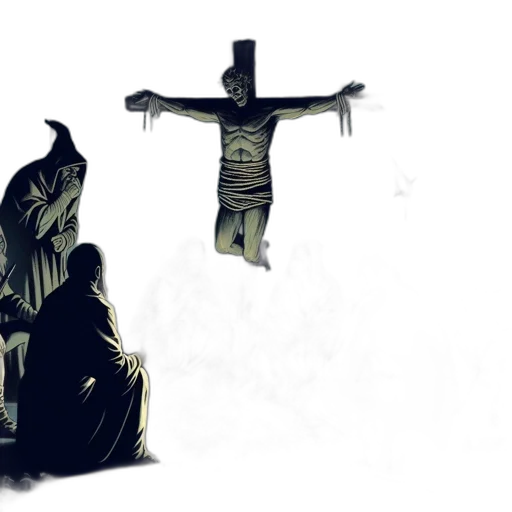 concept art, comic book art, pixel art, fantasy art, dense, forest, man, crucified transparent PNG cut-out